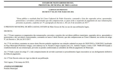 Prefeitura de Três Lagoas divulga lista dos servidores que não participaram do Censo Cadastral