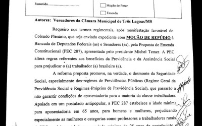 Câmara de Vereadores de Três Lagoas apresenta Moção de Repúdio contra Reforma Previdenciária