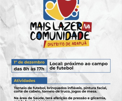 SEJUVEL promoverá “Mais Lazer nas Comunidades” no Distrito de Arapuá, no próximo domingo (01)