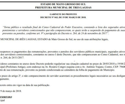 Prefeitura de Três Lagoas divulga lista dos servidores que não participaram do Censo Cadastral