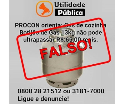 Publicação a respeito do preço máximo do gás de cozinha é falsa