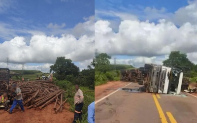Carreta de eucalipto tomba na BR-262 e bloqueia rota para Três Lagoas