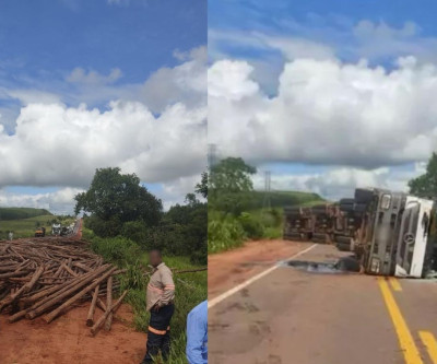 Carreta de eucalipto tomba na BR-262 e bloqueia rota para Três Lagoas