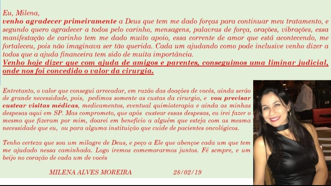 Justiça concede liminar para que Milena Alves faça a cirurgia sem custo