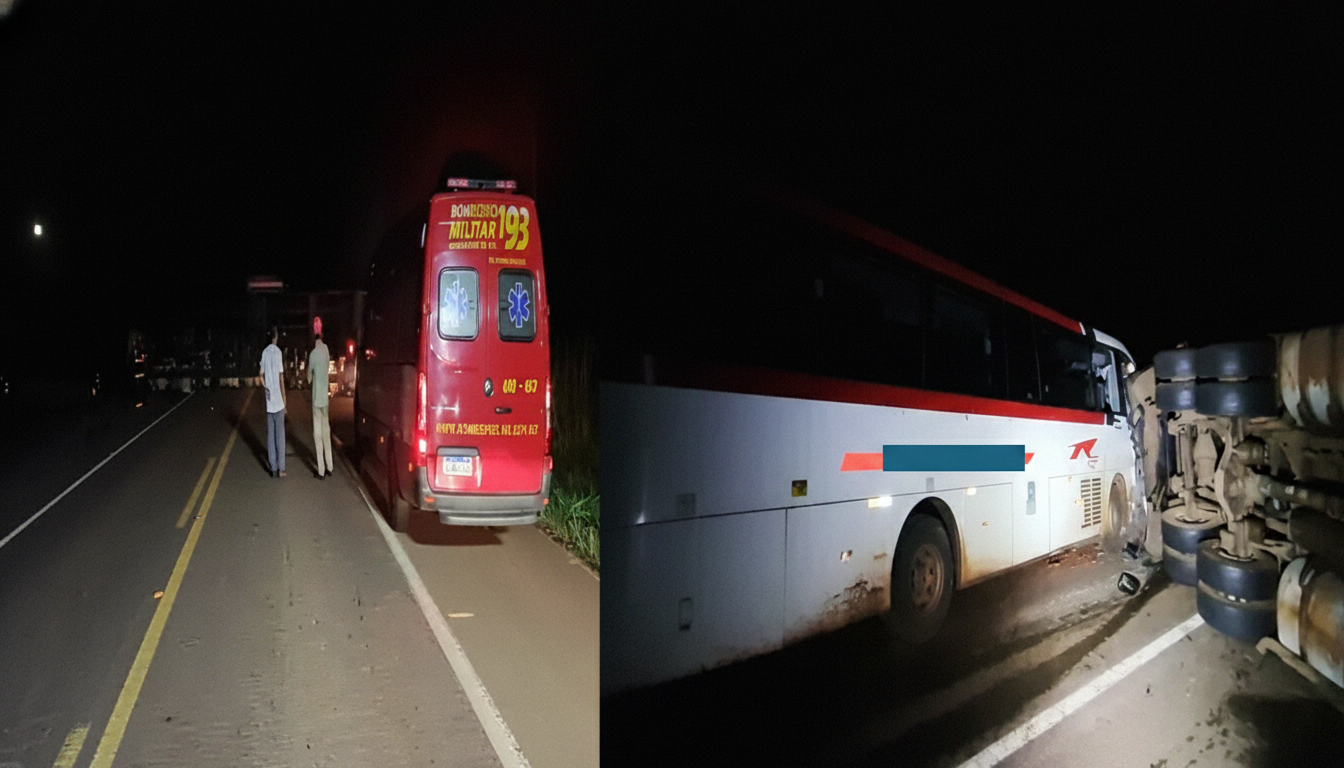 Acidente entre carro, caminhão e ônibus deixa motorista preso às ferragens na BR-262 em Três Lagoas