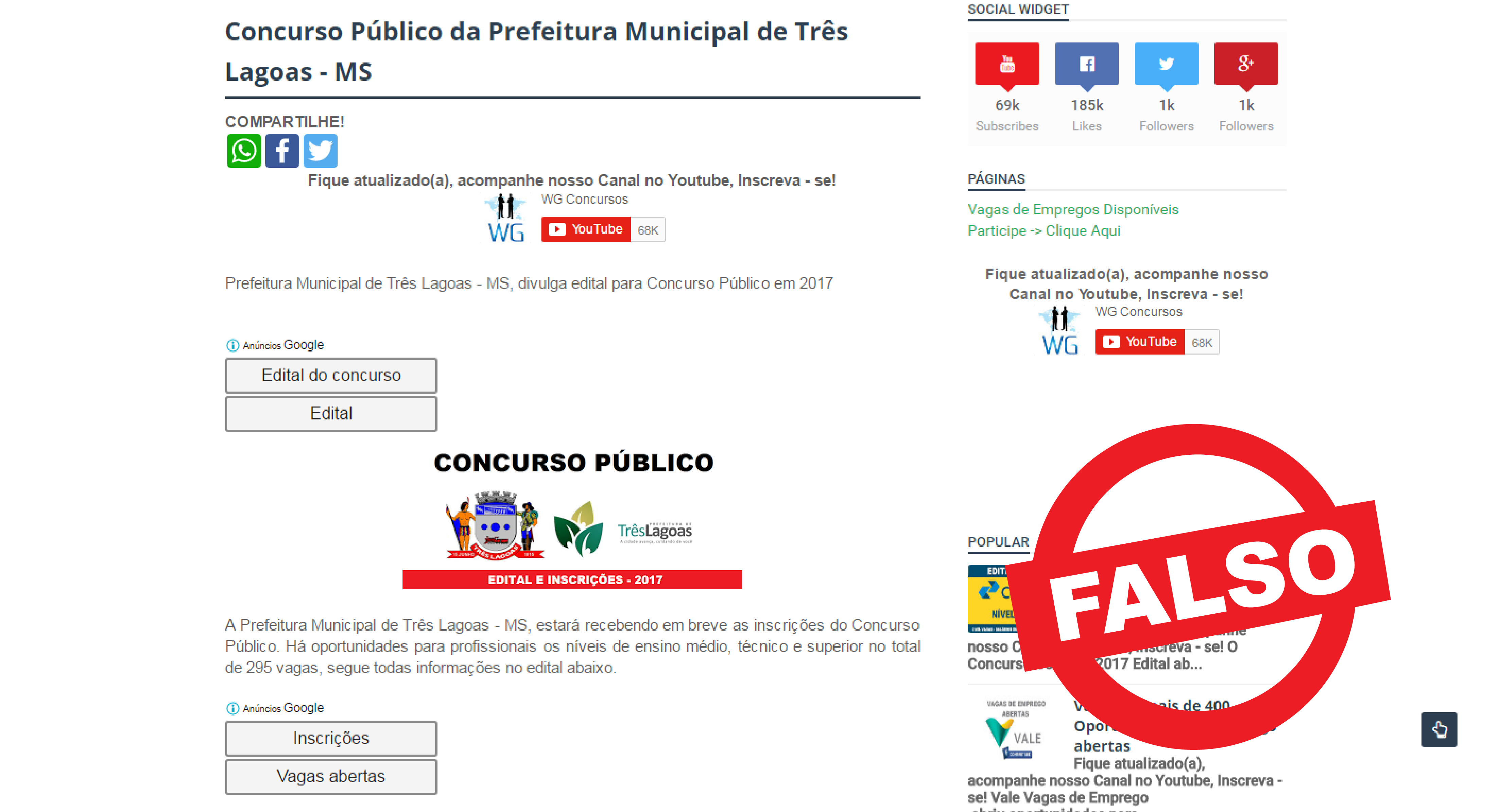 Anuncio de que Prefeitura de Três Lagoas abriria concurso público para 2017 é falso Anuncio de que Prefeitura de Três Lagoas abriria concurso público para 2017 é falso