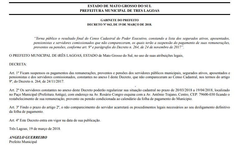 Prefeitura de Três Lagoas divulga lista dos servidores que não participaram do Censo Cadastral Prefeitura de Três Lagoas divulga lista dos servidores que não participaram do Censo Cadastral
