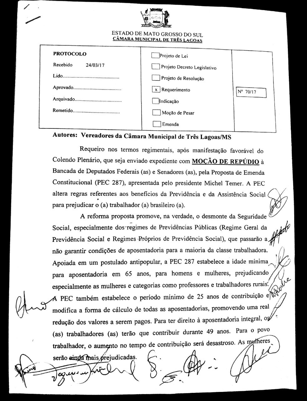 Câmara de Vereadores de Três Lagoas apresenta Moção de Repúdio contra Reforma Previdenciária
